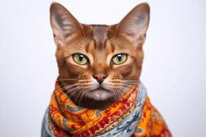 retrato do lindo abissínio gato com amarelo olhos dentro uma lenço. generativo ai foto