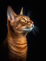 retrato do uma abissínio gato em uma Preto fundo. estúdio tomada. foto