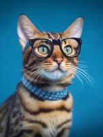 Bengala gato com óculos em azul fundo. generativo ai foto