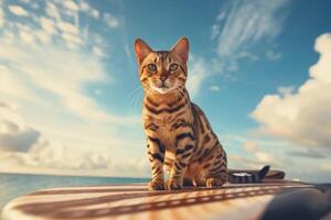 lindo Bengala gato sentado em uma prancha de surfe de a mar. generativo ai foto