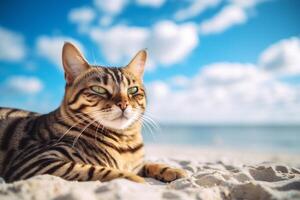 lindo Bengala gato deitado em a areia de a mar. generativo ai foto