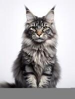 retrato do uma cabeludo maine coon gato em branco fundo. generativo ai foto