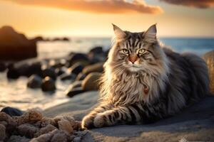 lindo maine coon gato em a Beira Mar às pôr do sol. generativo ai foto