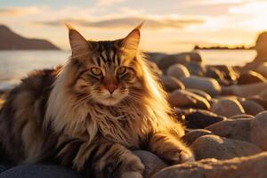 lindo maine coon gato em a Beira Mar às pôr do sol. generativo ai foto