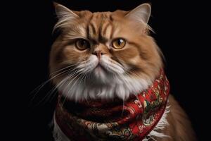 fechar acima retrato do persa gato vestindo cachecol em Preto fundo. generativo ai foto