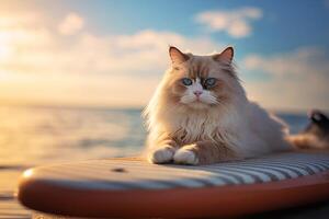 lindo boneca de pano gato relaxante em a de praia desfrutando a mar visualizar. generativo ai foto