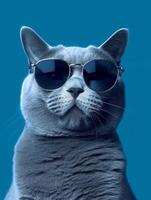russo azul gato vestindo óculos em azul fundo. generativo ai foto