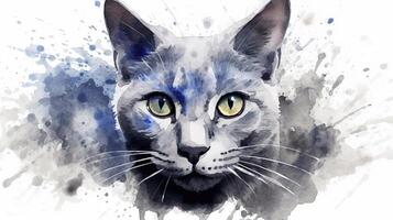 aguarela ilustração do uma russo azul gato com salpicos em uma branco fundo. generativo ai foto