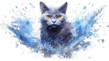 aguarela ilustração do uma russo azul gato com salpicos em uma branco fundo. generativo ai foto