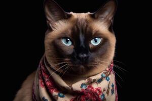 retrato do uma siamês gato com azul olhos dentro uma cachecol em uma Preto fundo. generativo ai foto
