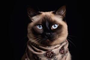 retrato do uma siamês gato com azul olhos dentro uma cachecol em uma Preto fundo. generativo ai foto