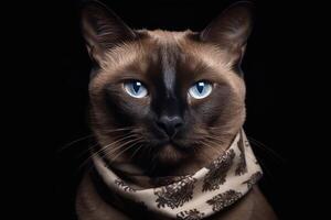 retrato do uma siamês gato com azul olhos dentro uma cachecol em uma Preto fundo. generativo ai foto