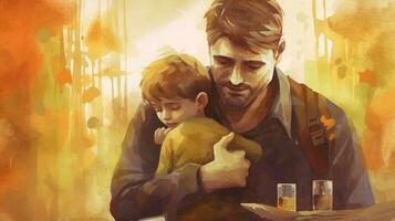 ilustração do uma pai detém e abraços dele criança dentro aguarela estilo foto