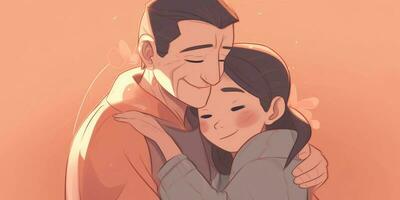 ilustração do uma pai abraços dele filha dentro uma caloroso e sincero abraço dentro desenho animado estilo foto