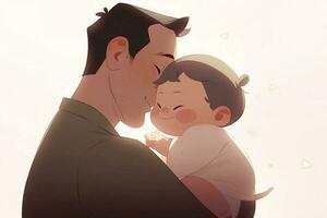 ilustração do uma pai abraços dele filho dentro uma caloroso e sincero abraço dentro desenho animado estilo foto