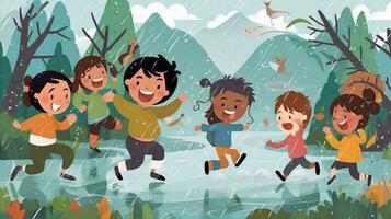 feliz crianças jogando dentro a chuva. generativo ai foto