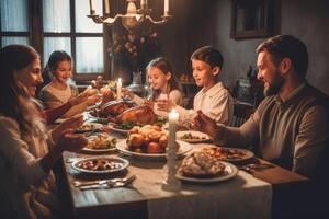 família Rezar antes jantar dentro Ação de graças jantar. ai gerado foto