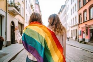 feliz jovem mulheres abraçando segurando lgbtq bandeira. ai generativo foto