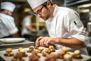 masculino mestre chefe de cozinha chocolatier trabalhando dentro artesanal profissional chocolate laboratório, ai generativo foto