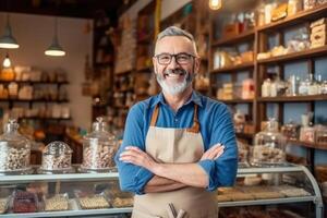 retrato do confiante chocolatier homem de negocios em pé dentro dela fazer compras braços cruzado olhando para Câmera. ai generativo foto