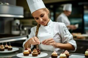 fêmea mestre chefe de cozinha chocolatier trabalhando dentro artesanal profissional chocolate laboratório, ai generativo foto