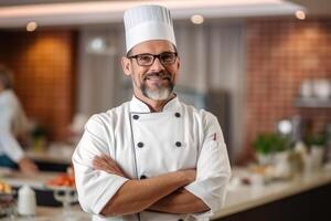 retrato do confiante chocolatier homem de negocios em pé dentro dela fazer compras braços cruzado olhando para Câmera. ai generativo foto