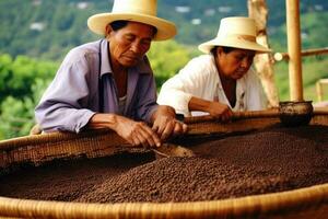 agricultores em arábica café plantação , ai generativo foto