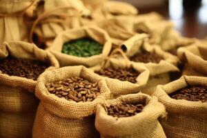 café feijões dentro malha bolsas, ai generativo foto