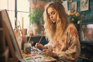 jovem mulher relaxante e pintura uma cenário , ai generativo foto