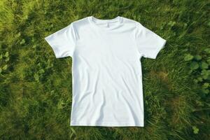branco camiseta brincar deitado em verde grama, ai generativo foto