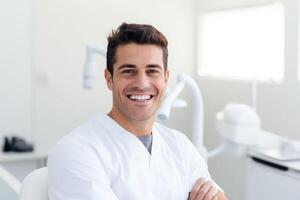 caucasiano homem dentista sorridente enquanto em pé dentro dental clínica, ai generativo foto