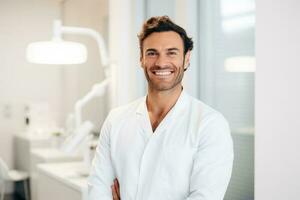 caucasiano homem dentista sorridente enquanto em pé dentro dental clínica, ai generativo foto