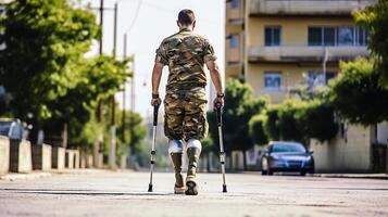 brutal guerra tomou tudo. costas do ferido Desativado soldado homem com muletas e dois prótese pernas caminhando em a rua. generativo ai. foto