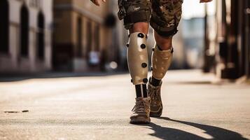 pernas do uma soldado homem com protético caminhando em a rua. guerra leva longe normal vida. generativo ai. foto