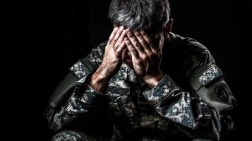 soldado cobertura dele face com dele mãos em uma Sombrio fundo. dor desespero e raiva depressão. generativo ai. foto