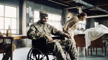 jovem soldado dentro uniforme sentado dentro uma cadeira de rodas e falando para dele fêmea enfermeira dentro militares hospital. generativo ai. foto