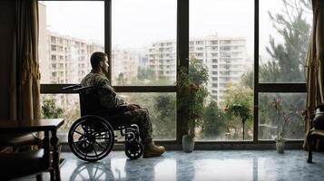 soldado sozinho dentro uma cadeira de rodas às a janela. tristeza e dor. generativo ai. foto