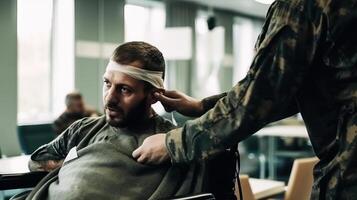 ferido soldado com curativo em dele cabeça sentado dentro uma cadeira de rodas durante uma médico exame às militares hospital. generativo ai. foto