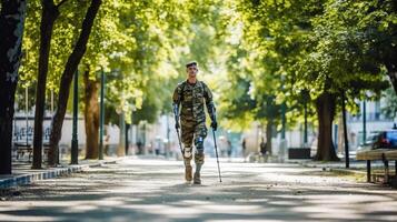 soldado com protético braços e pernas caminhando para casa com muletas dentro a parque. generativo ai. foto