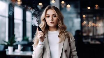 atraente jovem mulher dentro bege Jaqueta fumar eletrônico cigarro dentro cafeteria. generativo ai. foto
