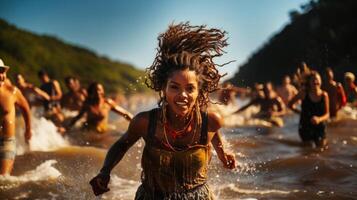 grupo do feliz jovem pessoas tendo Diversão dentro a água às a de praia. generativo ai. foto