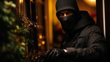 retrato do uma assaltante vestindo balaclava e olhando às Câmera. generativo ai. foto