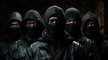 grupo do Preto máfia pessoas quadrilha membros vestindo balaclava e olhando às Câmera. generativo ai. foto