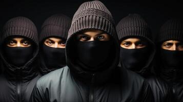 grupo do mascarado homens dentro Preto máscaras olhando às Câmera sobre Sombrio fundo. generativo ai. foto