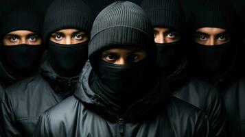 grupo do Criminoso ladrões pessoas dentro uma Preto balaclava em uma Sombrio fundo. generativo ai. foto