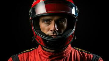 fechar-se retrato do uma masculino piloto dentro uma vermelho capacete. generativo ai. foto