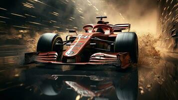 Fórmula vermelho raça carro em uma Sombrio fundo com fumaça. generativo ai. foto
