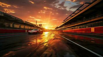 raça carro em a estrada às pôr do sol. movimento borrão. esporte carro. generativo ai. foto