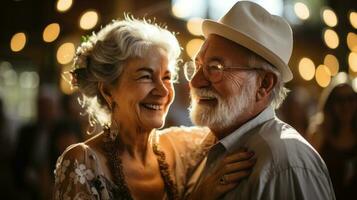 retrato do feliz Senior casal dançando juntos dentro restaurante. elas estão olhando às cada de outros e sorridente. generativo ai. foto