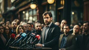 retrato do barba formalmente vestido política homem dando uma público discurso ar livre. generativo ai. foto